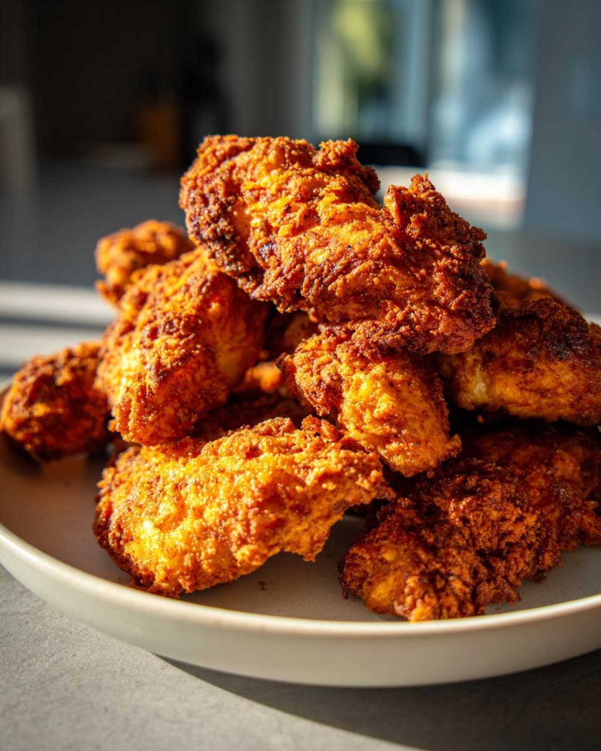 A pile of golden brown Air Fryer Crispy Parmesan Chicken Tenders stacked on a light gray plate.