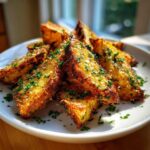 A pile of golden brown Air Fryer Crispy Parmesan Garlic Corn Ribs garnished with fresh parsley on a white plate.