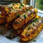 Close-up of Air Fryer Crispy Parmesan Garlic Corn Ribs, golden brown and topped with grated cheese and parsley.