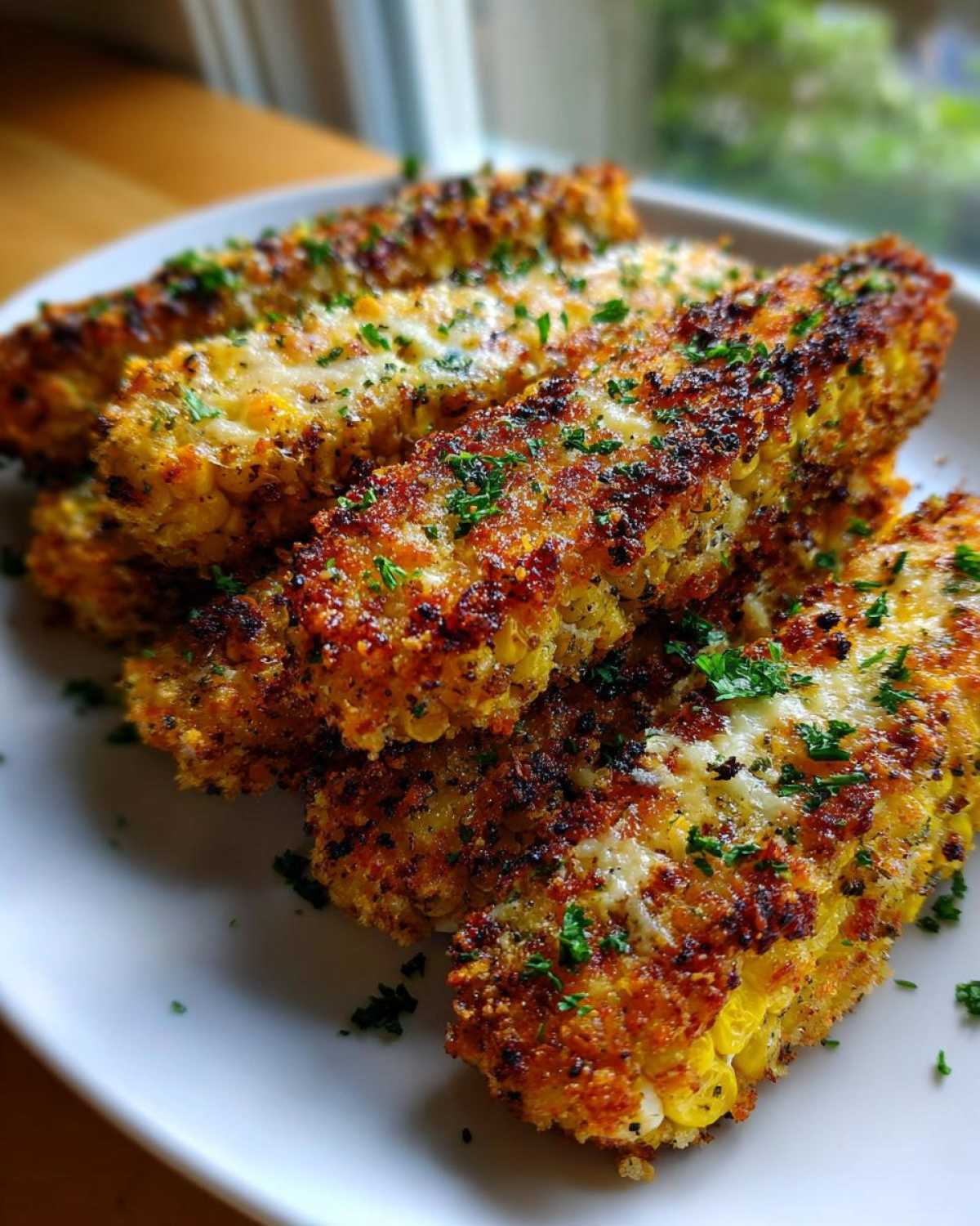 Close-up of several Air Fryer Crispy Parmesan Garlic Corn Ribs stacked on a white plate, garnished with parsley.