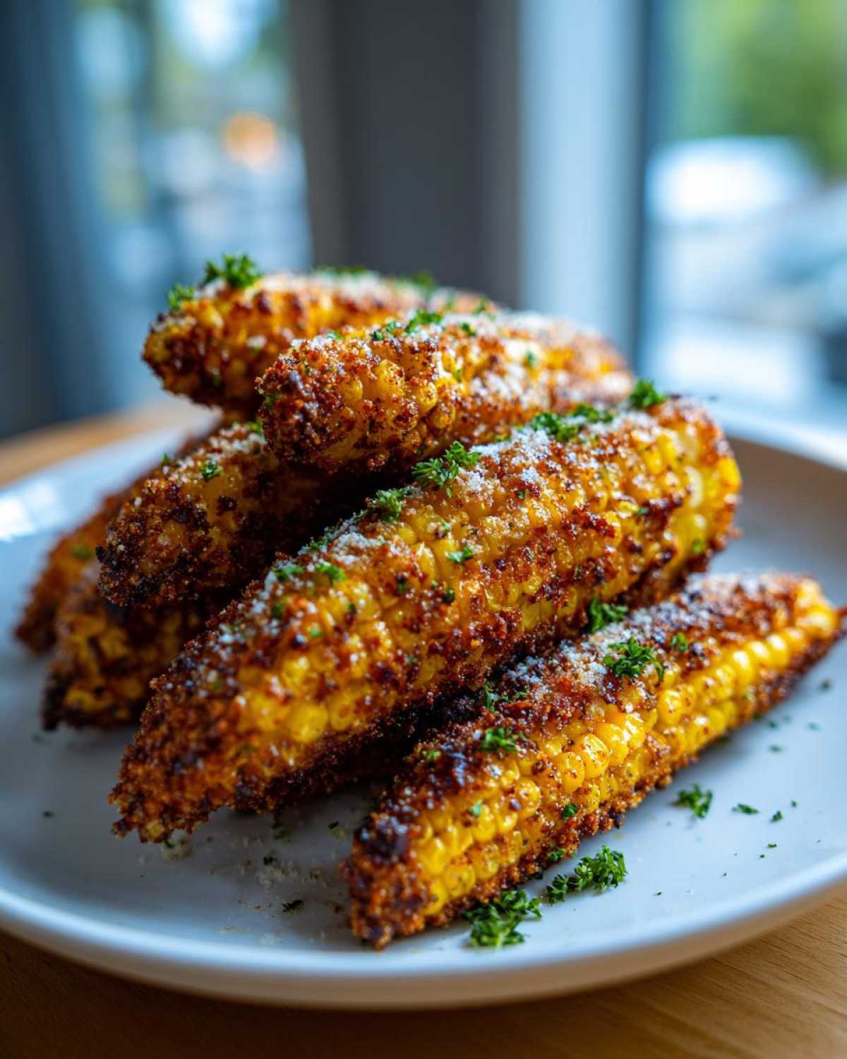 A stack of golden, crispy Air Fryer Crispy Parmesan Garlic Corn Ribs topped with grated cheese and parsley.