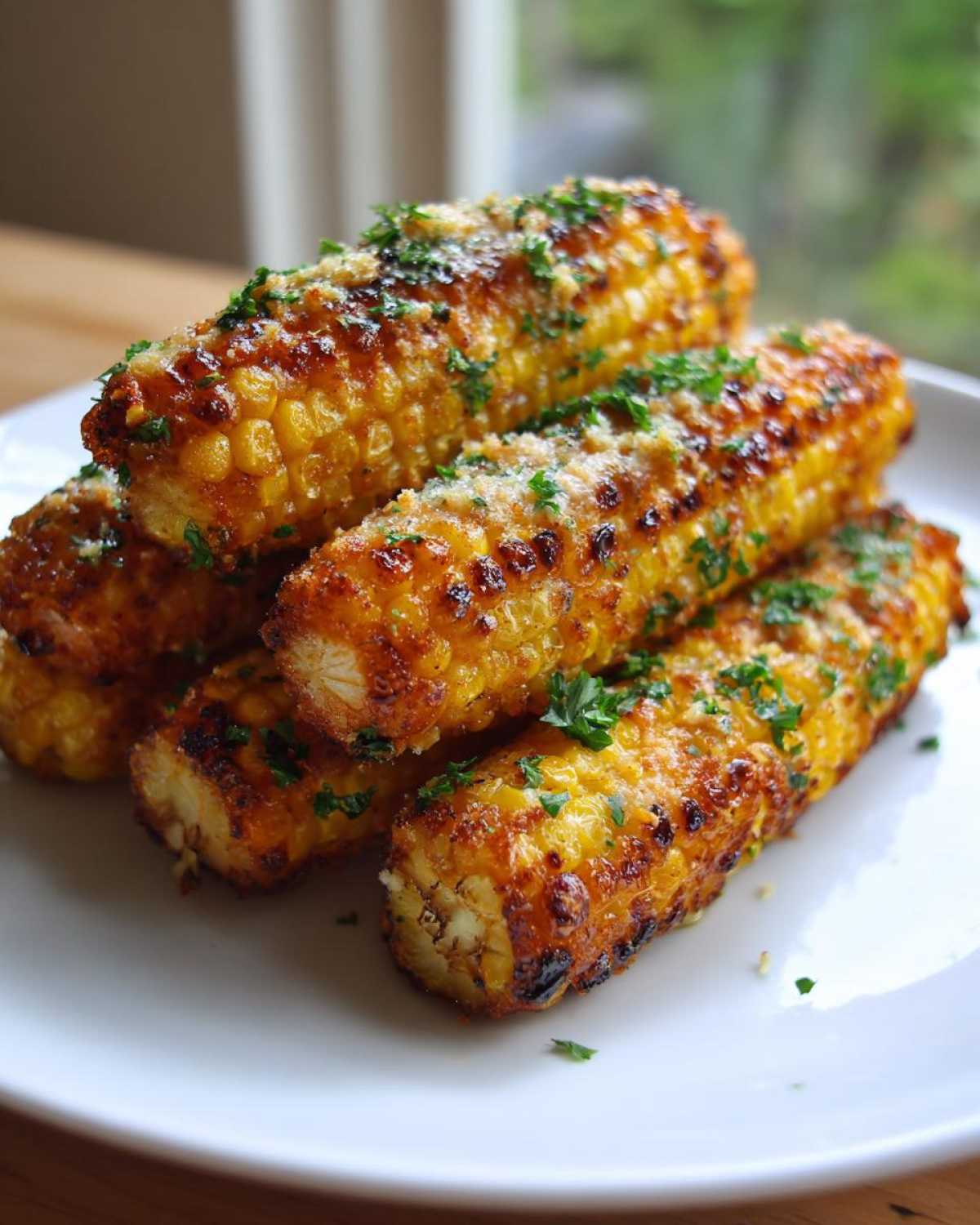 A stack of golden, crispy Air Fryer Crispy Parmesan Garlic Corn Ribs topped with grated cheese and fresh parsley.