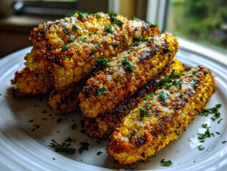 Close-up of Air Fryer Crispy Parmesan Garlic Corn Ribs, golden brown and topped with grated cheese and parsley.
