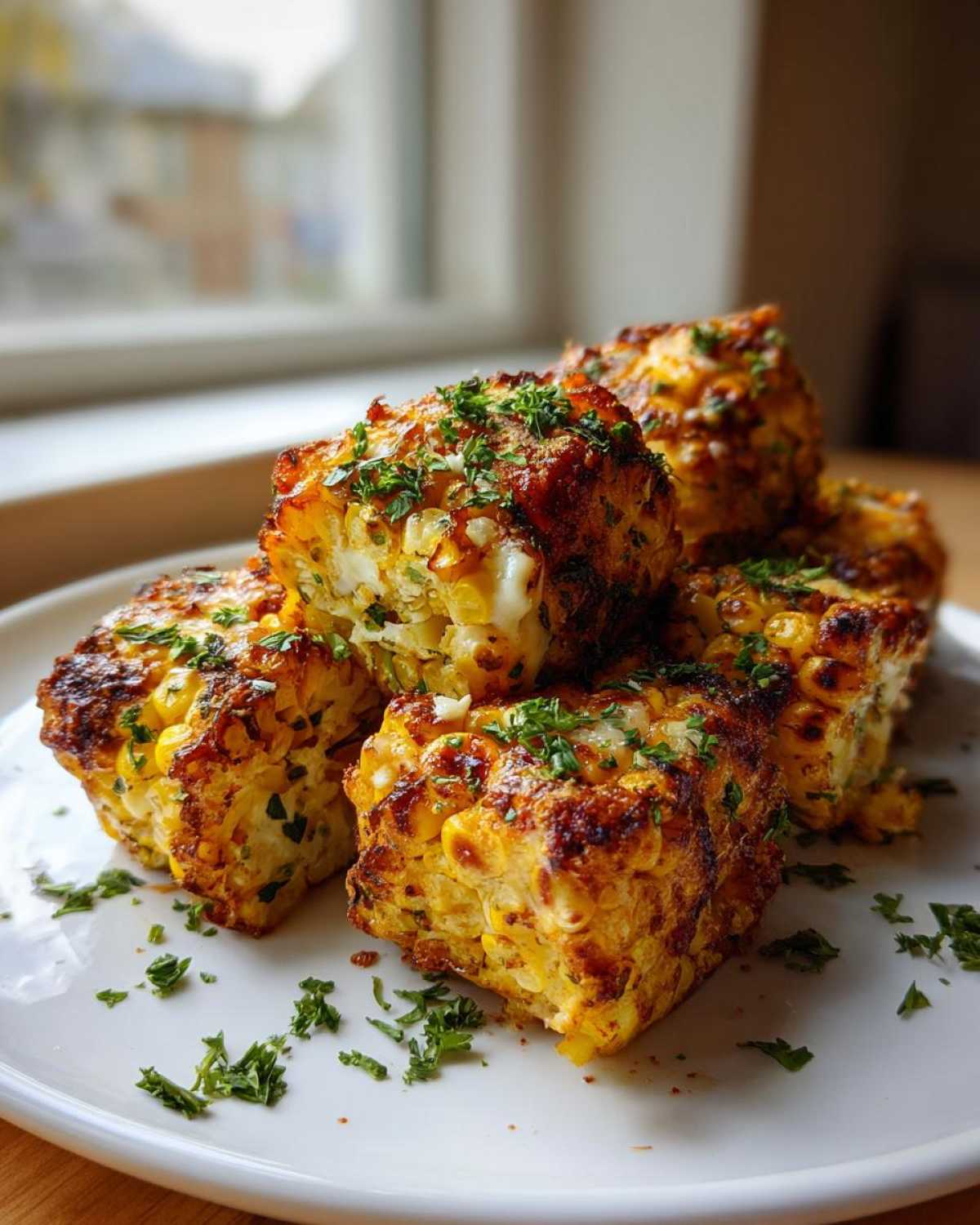 Close-up of Air Fryer Crispy Parmesan Garlic Corn Ribs stacked on a white plate, topped with fresh parsley.