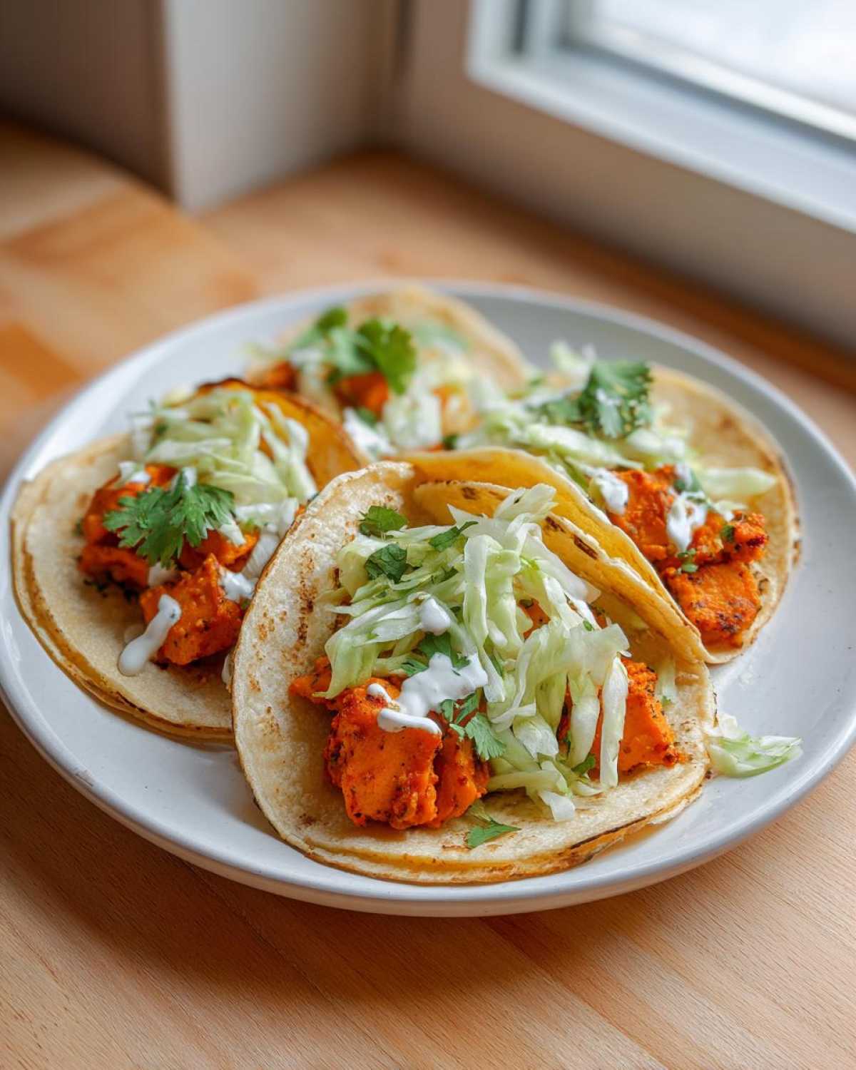 Close-up of three Air Fryer Crispy Sweet Potato Tacos topped with shredded cabbage and white sauce.