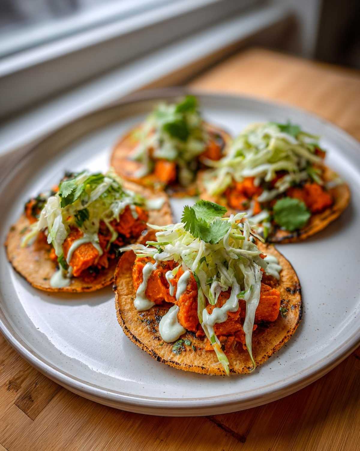 Four Air Fryer Crispy Sweet Potato Tacos topped with slaw and creamy sauce on a white plate.