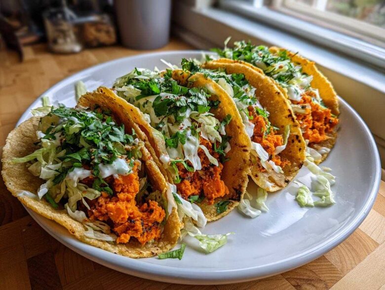 Four fully loaded Air Fryer Crispy Sweet Potato Tacos with bright orange filling, shredded cabbage, and cilantro on a white plate.