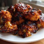 Close-up of Air Fryer Crispy Teriyaki Cauliflower florets piled on a white plate, glazed and slightly charred.