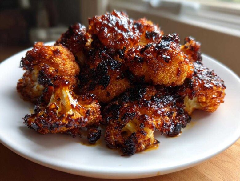 Close-up of Air Fryer Crispy Teriyaki Cauliflower florets piled on a white plate, glazed and slightly charred.