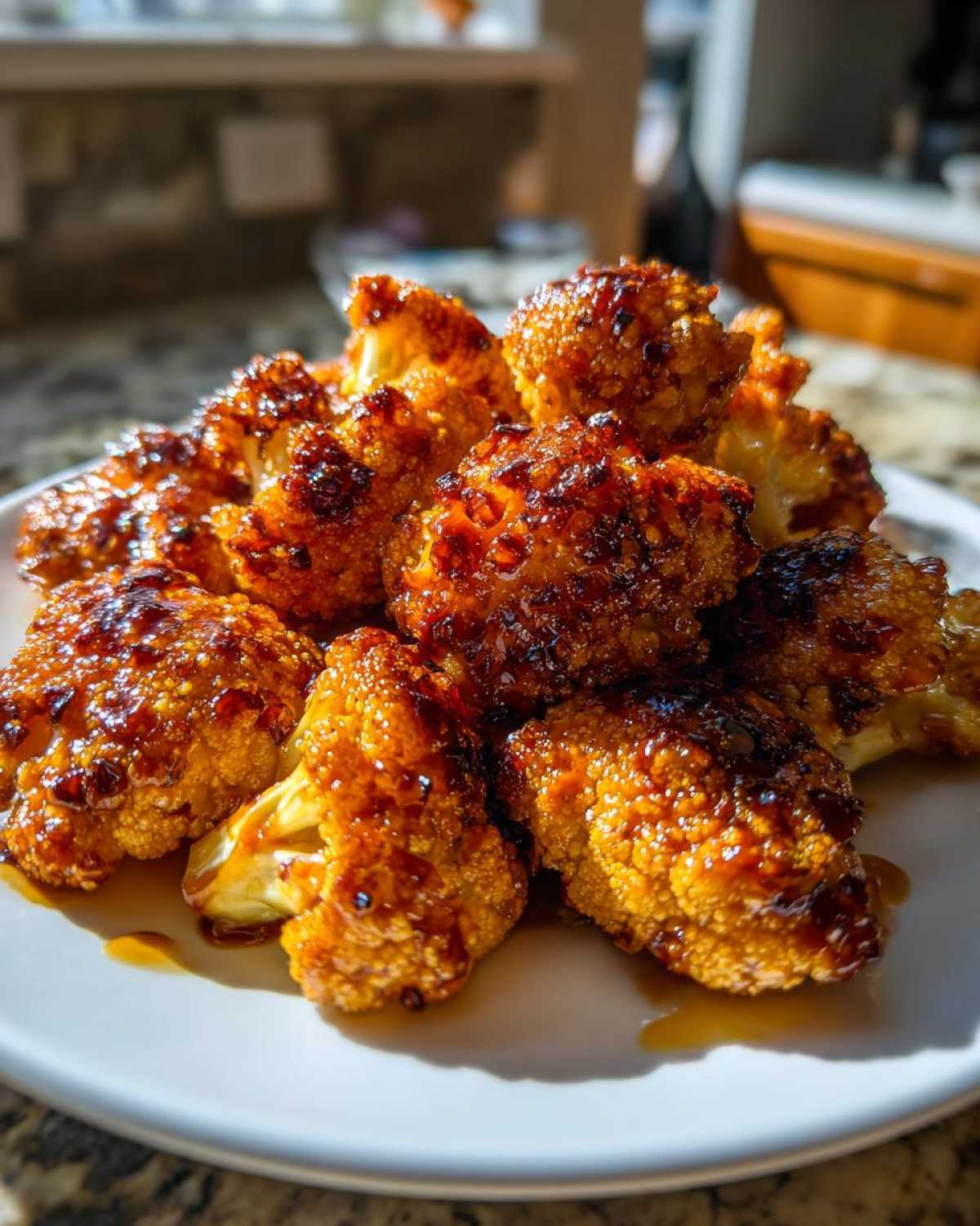 Close-up of golden, crispy Air Fryer Crispy Teriyaki Cauliflower florets coated in a shiny, dark teriyaki glaze.