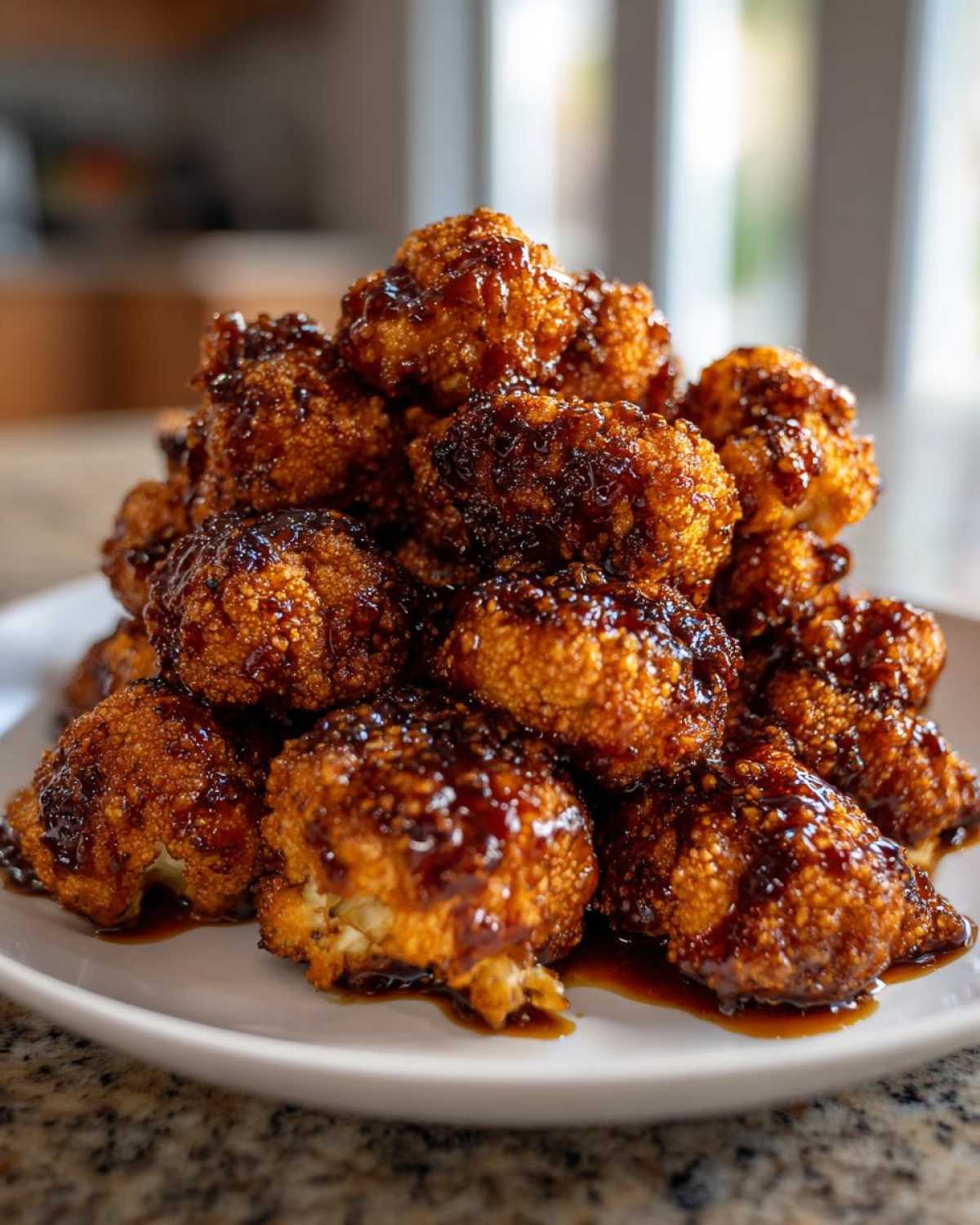 A mound of golden brown, crispy Air Fryer Crispy Teriyaki Cauliflower drizzled generously with thick teriyaki sauce.