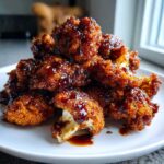 A mound of crispy, deep brown Air Fryer Crispy Teriyaki Cauliflower florets generously coated in a glossy, dark teriyaki glaze.