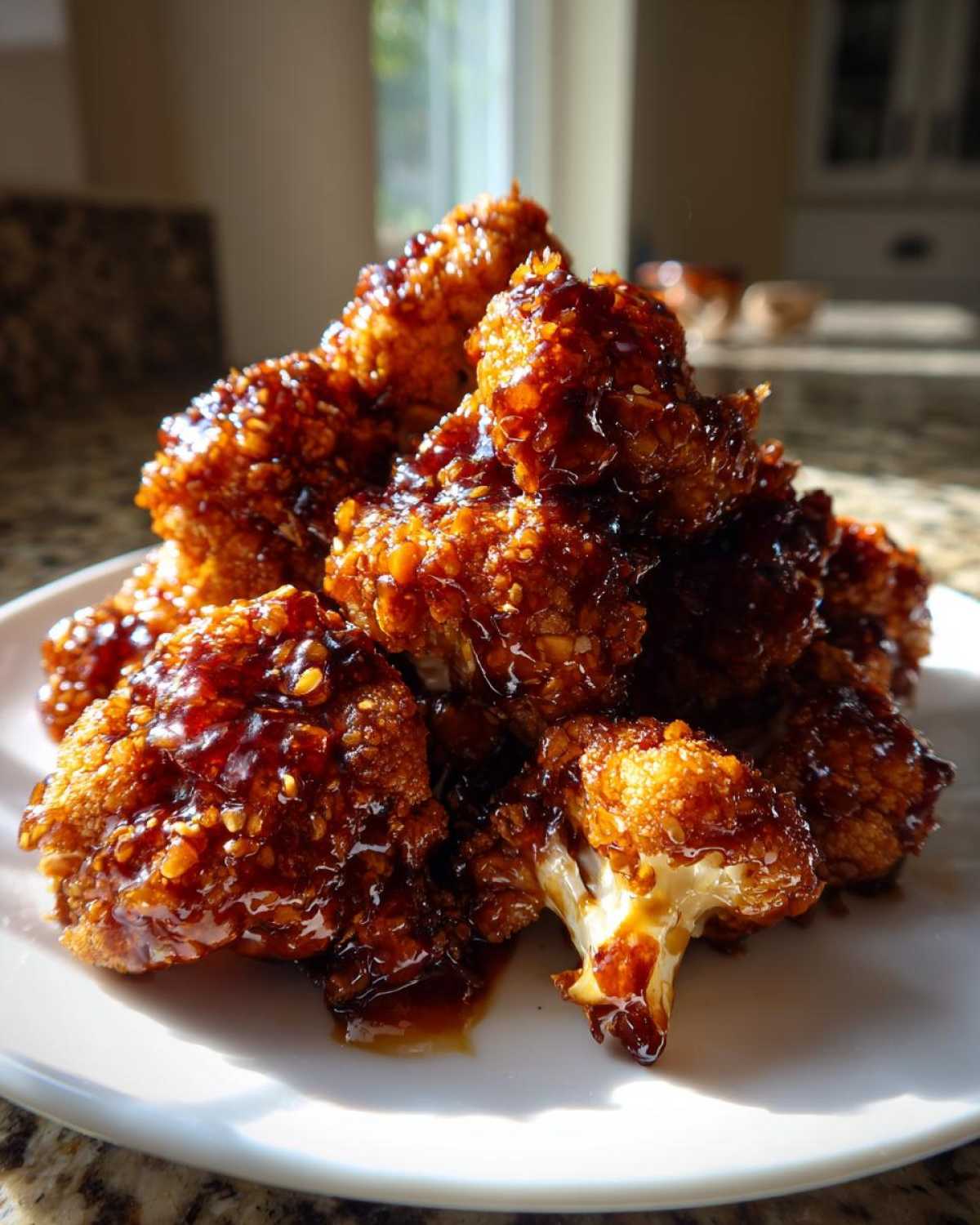 A pile of crispy, battered cauliflower florets coated in thick, glossy teriyaki sauce, ready to eat. Air Fryer Crispy Teriyaki Cauliflower.