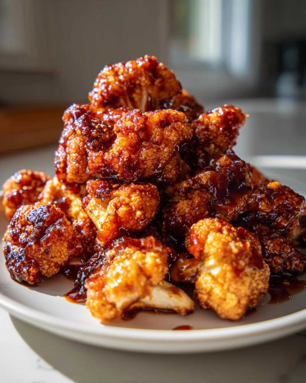 Close-up of crispy, golden-brown Air Fryer Crispy Teriyaki Cauliflower florets piled high and drizzled with thick teriyaki glaze.