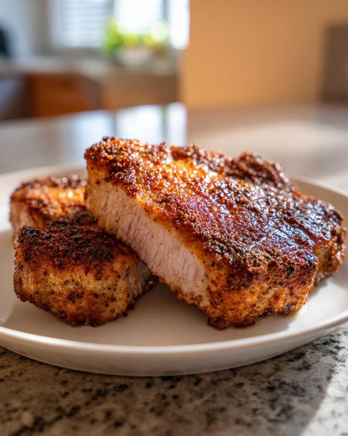 Close-up of two thick, juicy air fryer pork chops with a dark, seasoned crust resting on a white plate.