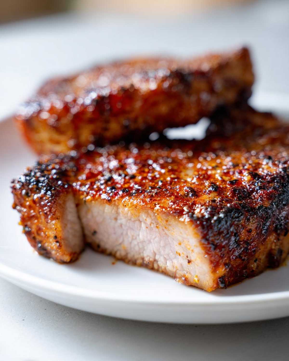 Close-up of a perfectly cooked air fryer pork chop, showing a juicy interior and a heavily seasoned, caramelized crust.