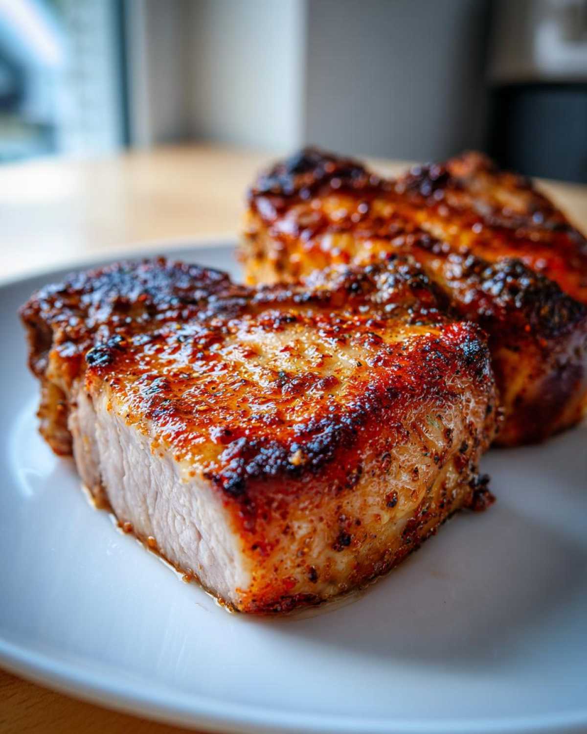 Close-up of two thick, juicy air fryer pork chops with a beautifully seared, seasoned crust on a white plate.