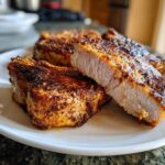 Close-up of perfectly cooked air fryer pork chops, one sliced to show the juicy interior.