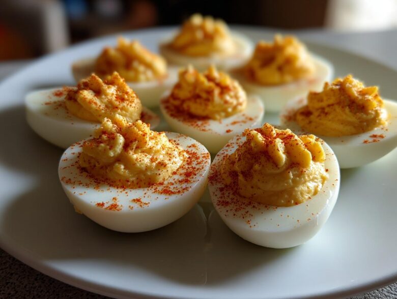 A plate of perfectly prepared deviled eggs, piped high with creamy filling and sprinkled with paprika.