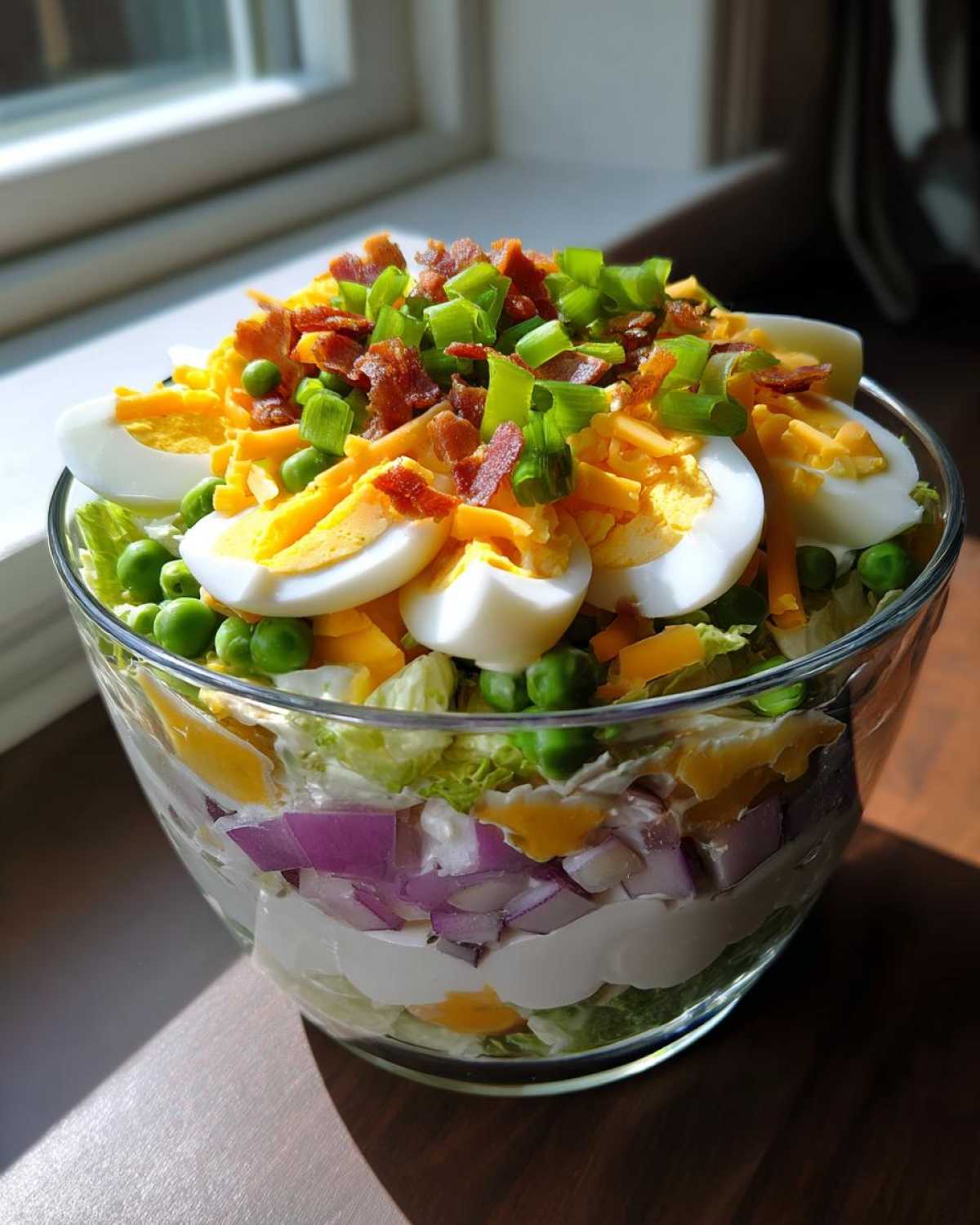 A tall, clear glass bowl showcasing the distinct layers of an amazing 7 layer salad, topped with eggs, cheese, bacon, and green onions.