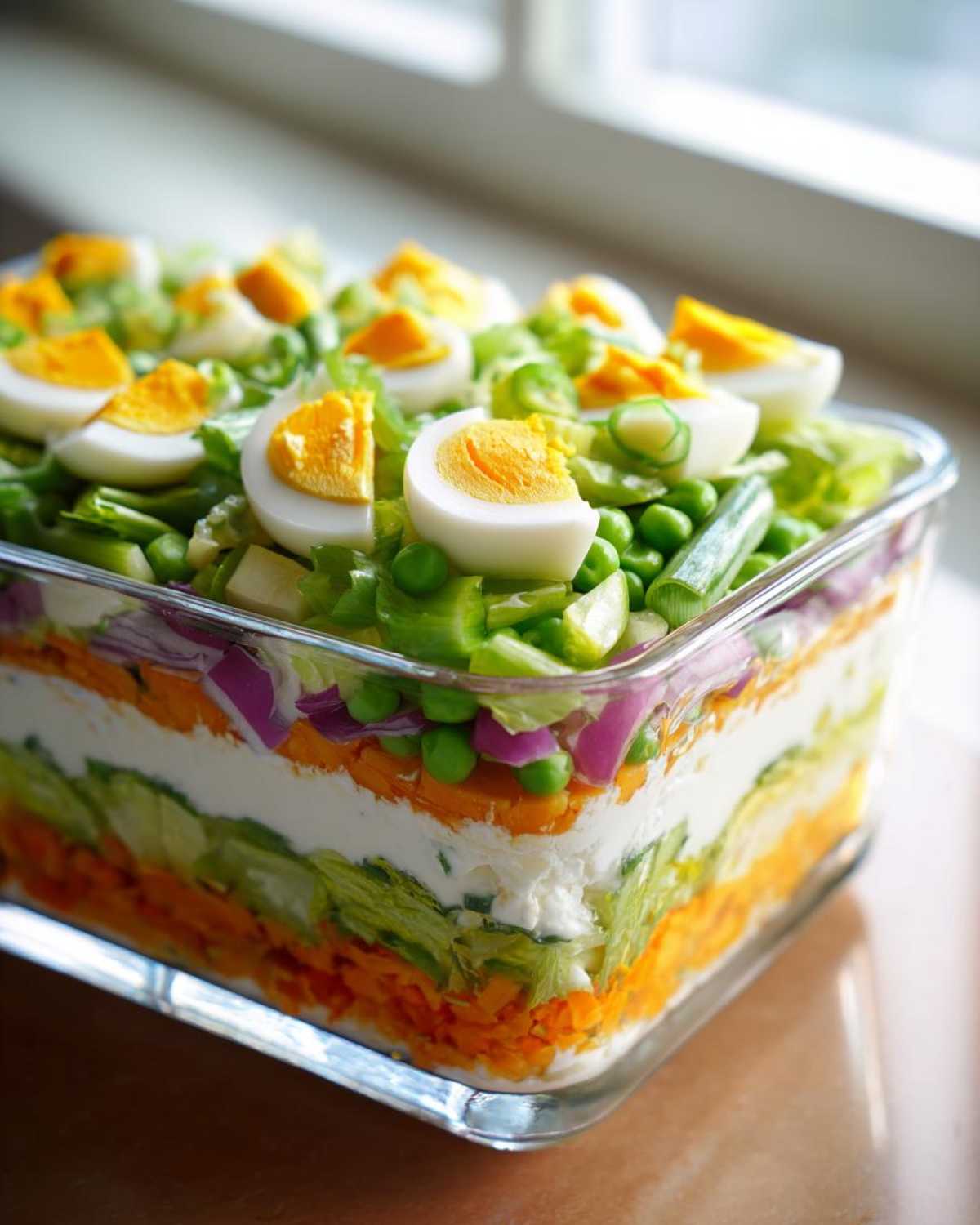 A tall, clear glass dish showcasing the distinct colorful layers of an amazing 7 layer salad, topped with hard-boiled egg wedges.