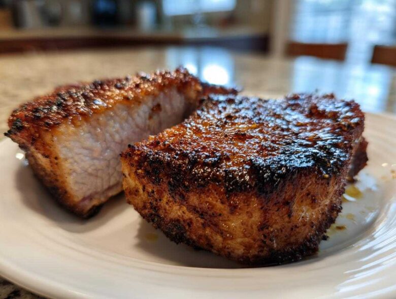 Two thick, juicy air fryer pork chops with a dark, caramelized crust resting on a white plate.