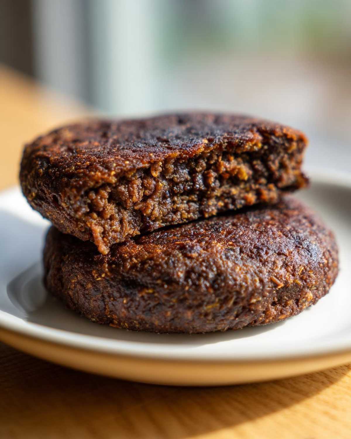 Two dark, perfectly cooked black bean burger patties stacked on a white plate, showing the textured interior.