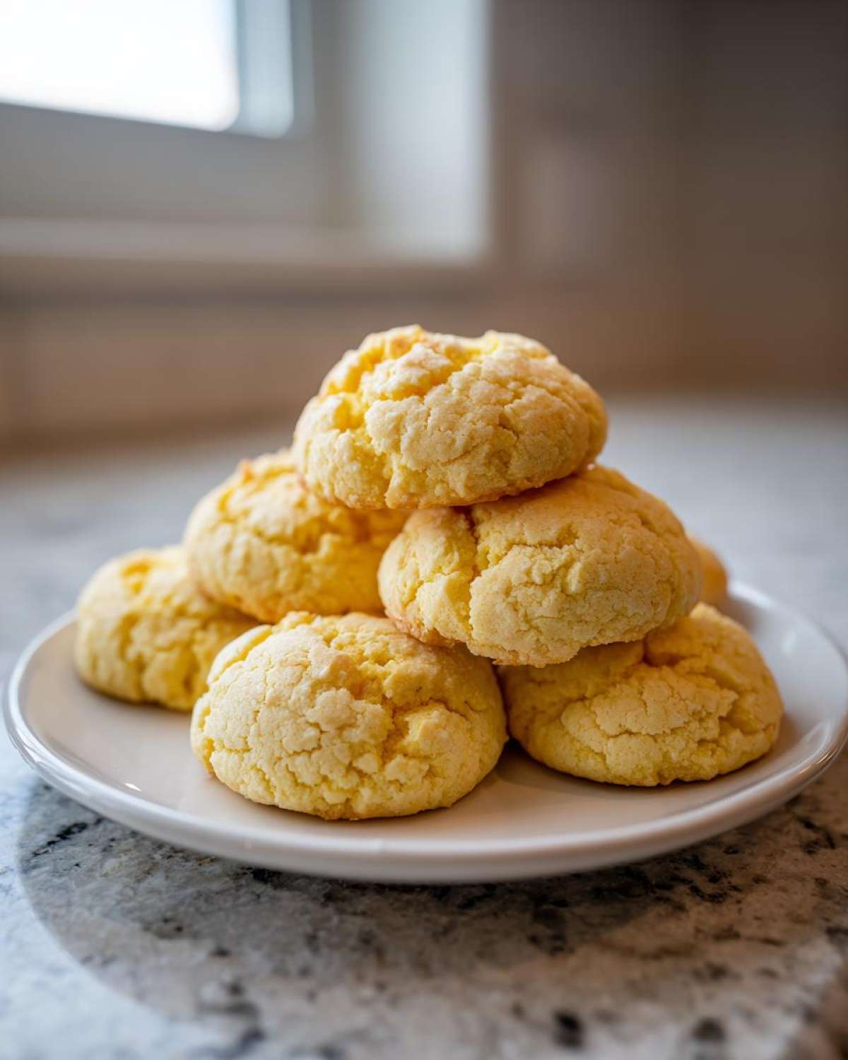 A stack of soft, crinkled yellow cake mix cookies piled high on a small white plate.
