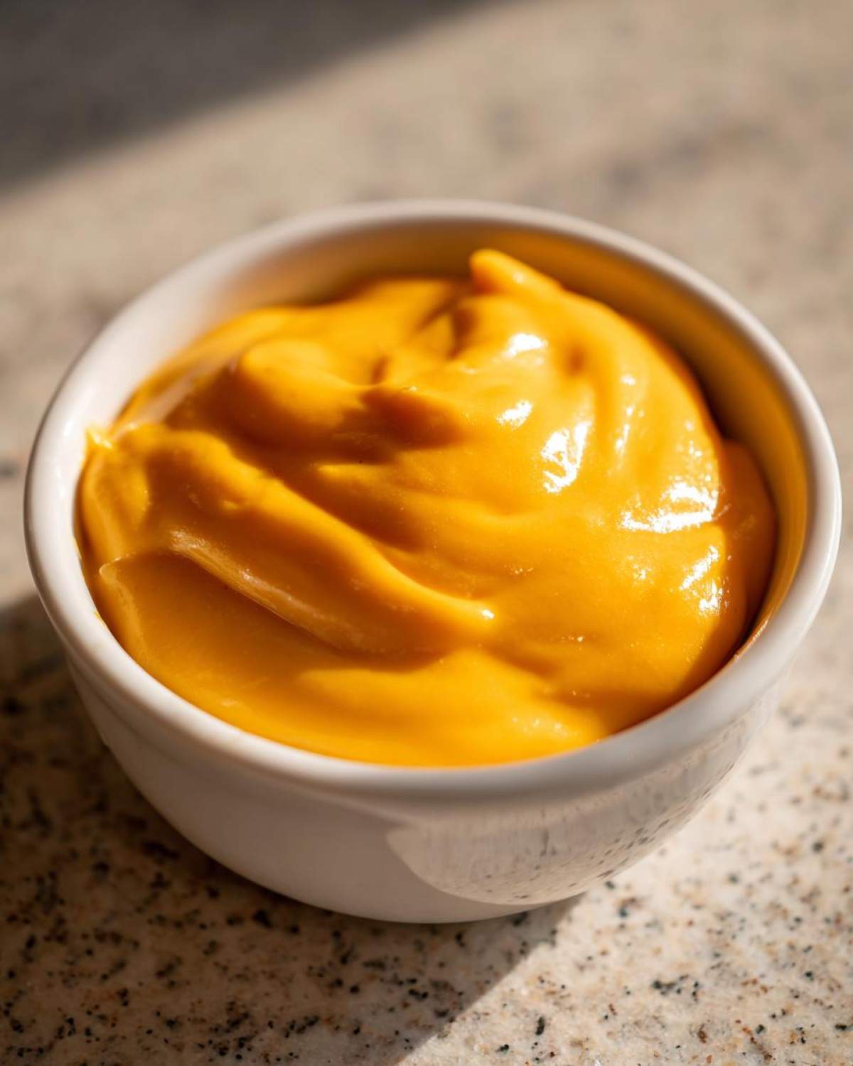A close-up of rich, bright orange, velvety smooth cheese sauce filling a small white ramekin.