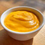 Close-up of a small white bowl filled with rich, bright orange cheese sauce, ready for dipping.