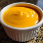Close-up of smooth, bright orange cheese sauce filling a small white ramekin, ready for dipping.