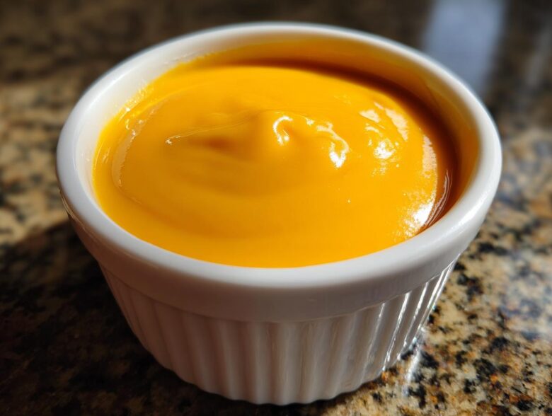 Close-up of smooth, bright orange cheese sauce filling a small white ramekin, ready for dipping.