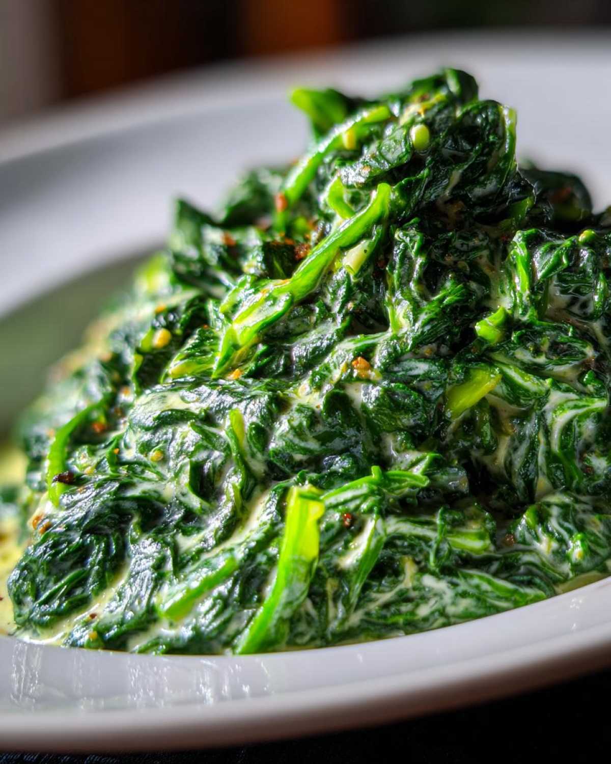 A close-up shot of vibrant green creamed spinach piled high on a white plate, coated in a rich cream sauce.