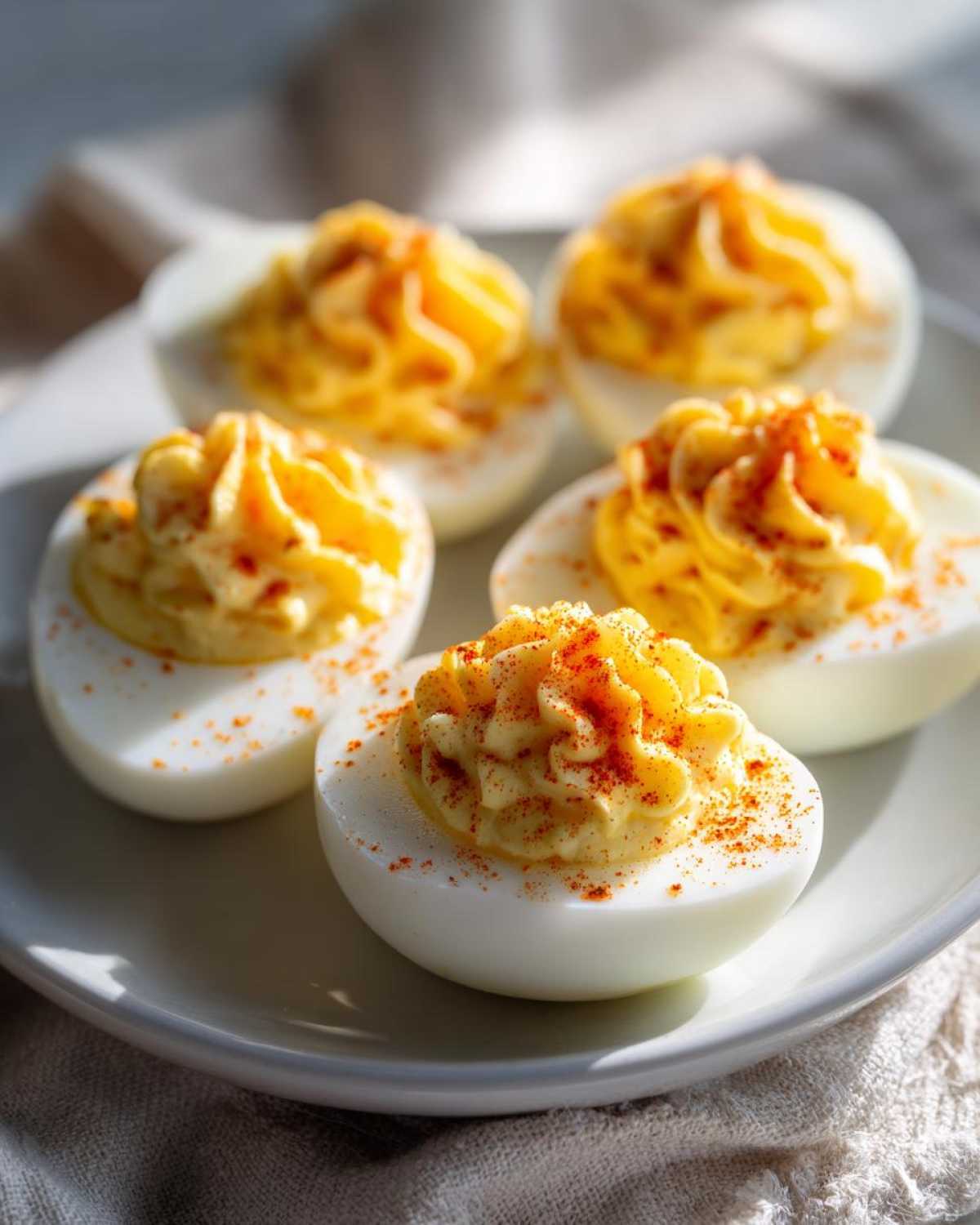 Close-up of five perfectly piped deviled eggs sprinkled with paprika on a white plate.