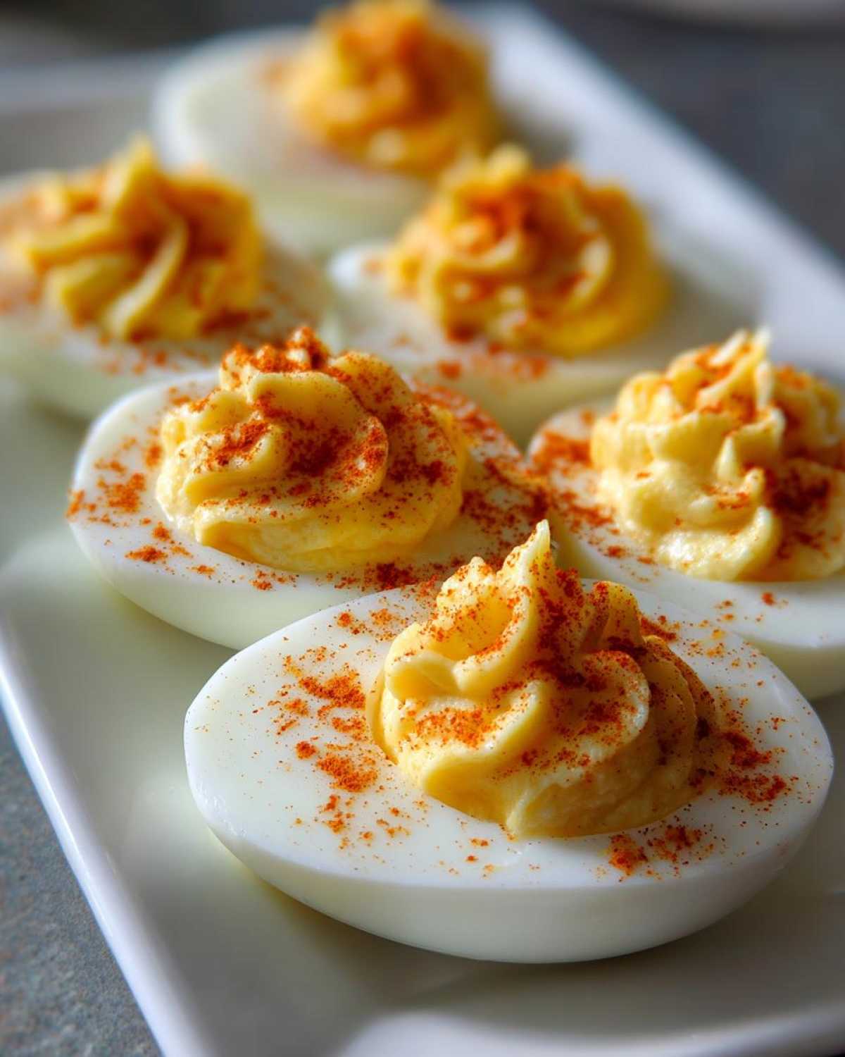Close-up of several perfectly piped deviled eggs sprinkled with paprika on a white platter.