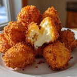 A pile of golden brown, crispy Fried Cheese Curds on a white plate, one broken open showing the melted cheese inside.