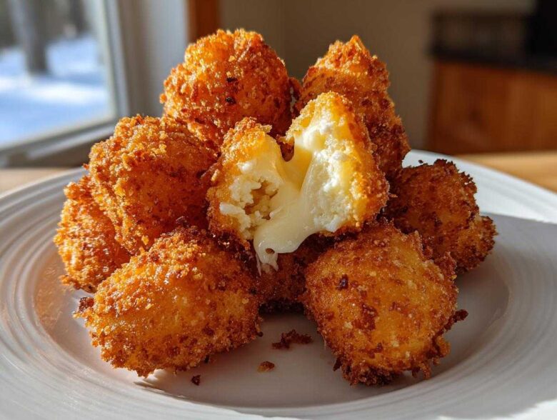A pile of golden brown, crispy Fried Cheese Curds on a white plate, one broken open showing the melted cheese inside.