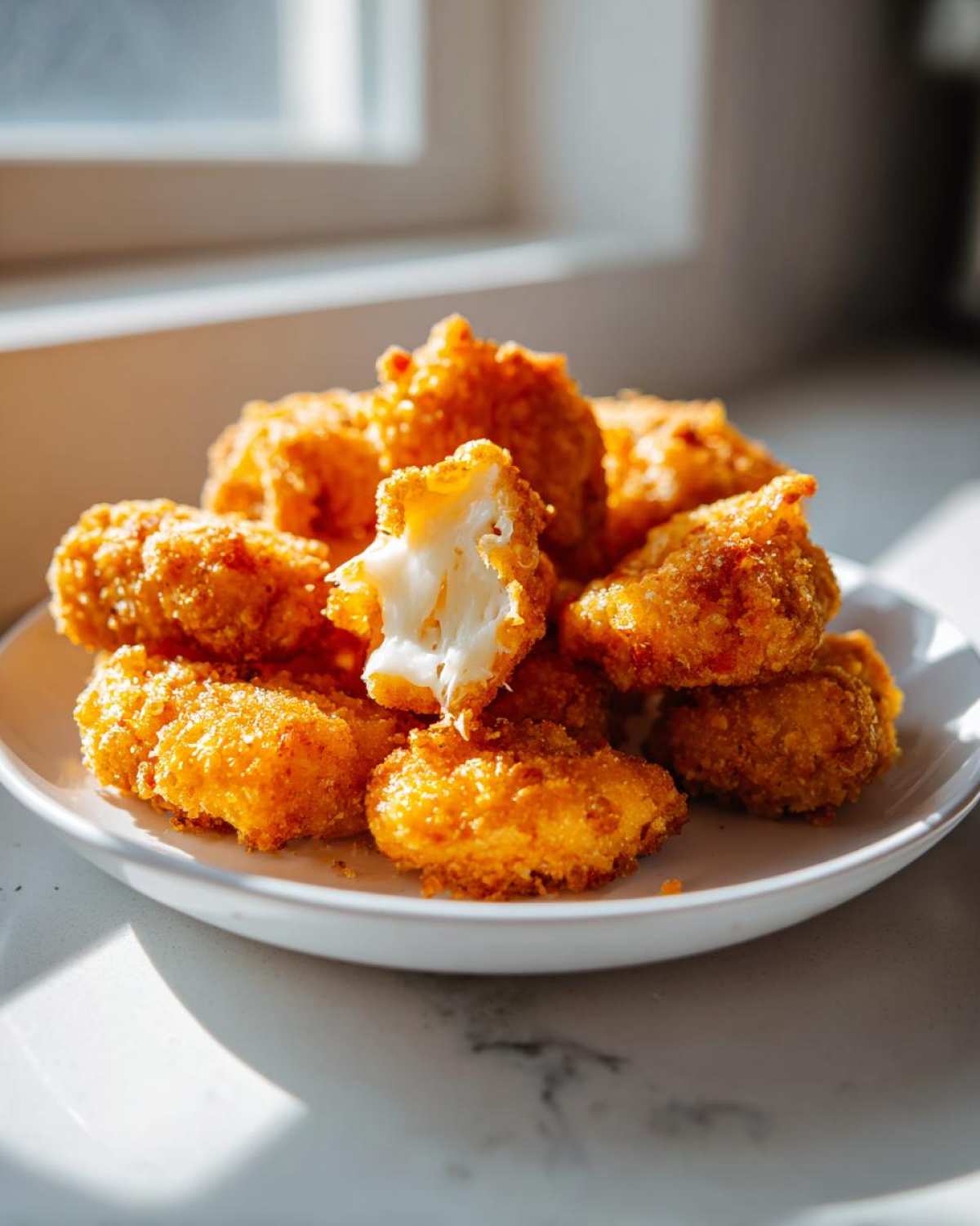 A pile of golden brown Fried Cheese Curds on a white plate, one broken open showing the melted cheese inside.