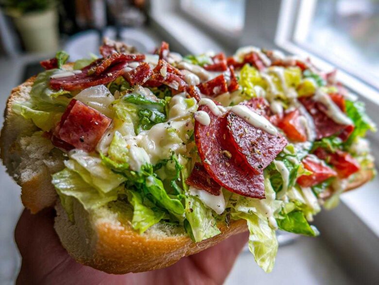 A hand holding a hearty open-faced grinder salad sandwich overflowing with lettuce, salami, and creamy dressing.
