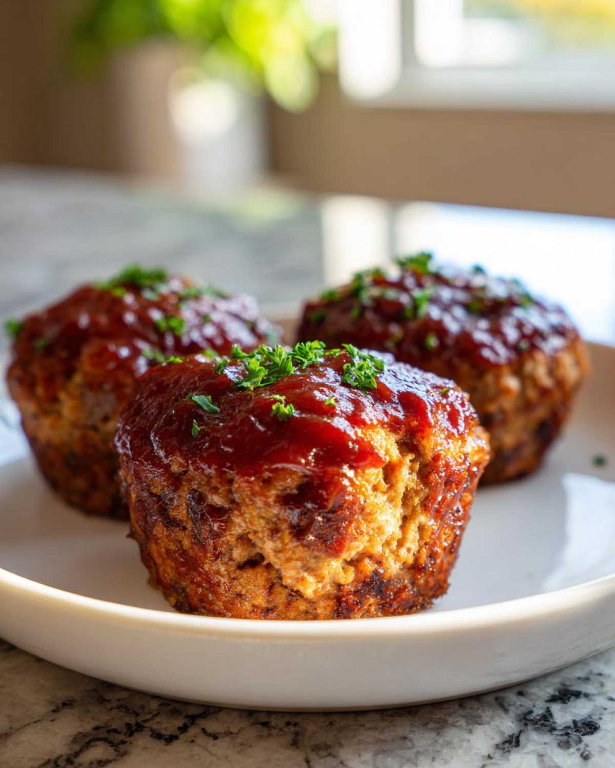 Three individual mini meatloaf portions topped with a rich glaze and fresh parsley, served on a white plate.