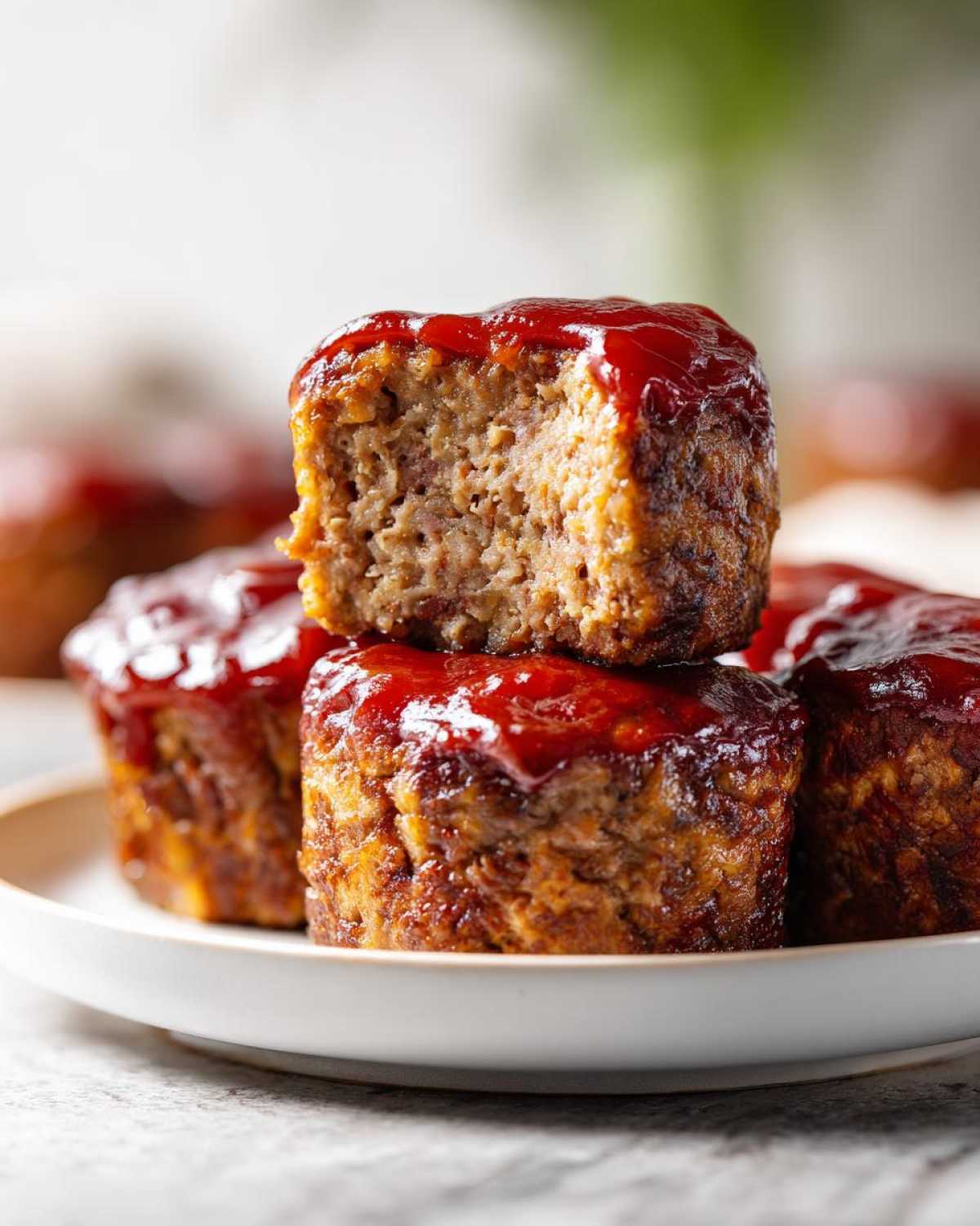 Close-up of stacked mini meatloaf portions topped with a shiny red glaze, one piece showing a bite taken out.
