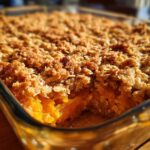 Close-up of a scoop taken out of a warm pumpkin crisp with a golden oat topping in a glass baking dish.