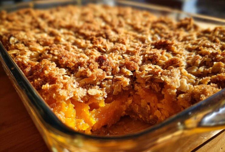 Close-up of a scoop taken out of a warm pumpkin crisp with a golden oat topping in a glass baking dish.
