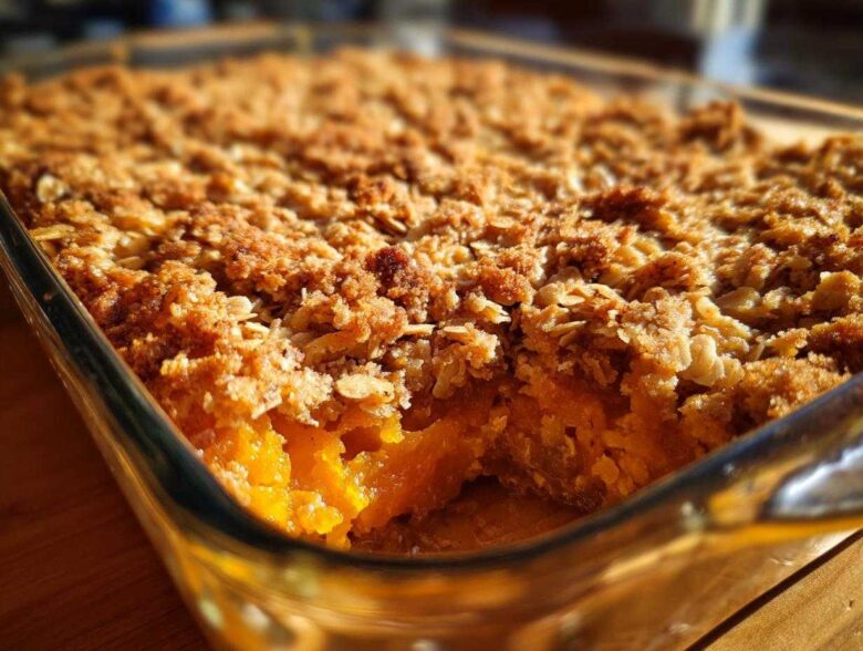 Close-up of a scoop taken out of a warm pumpkin crisp with a golden oat topping in a glass baking dish.