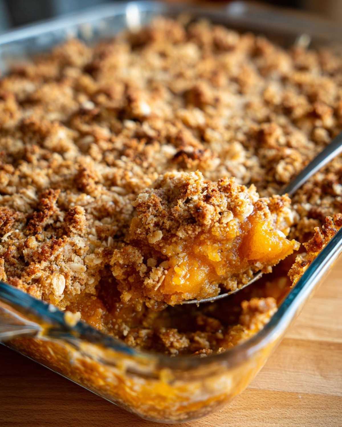 A spoonful of warm pumpkin crisp with a golden oat topping being lifted from a clear glass baking dish.