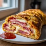 Cross-section of a freshly baked Stromboli showing layers of cured meats and gooey, melted mozzarella cheese.