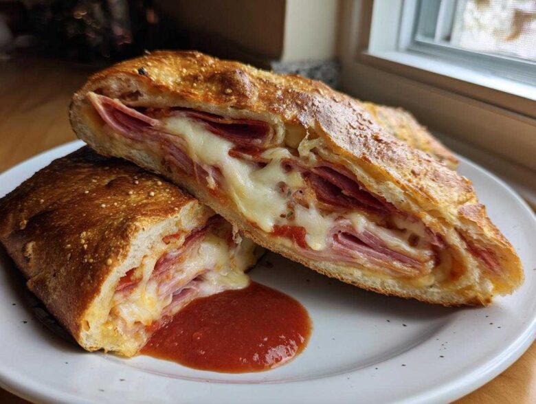 A cross-section of a freshly baked Stromboli, revealing layers of deli meats and gooey, melted cheese, served with marinara sauce.