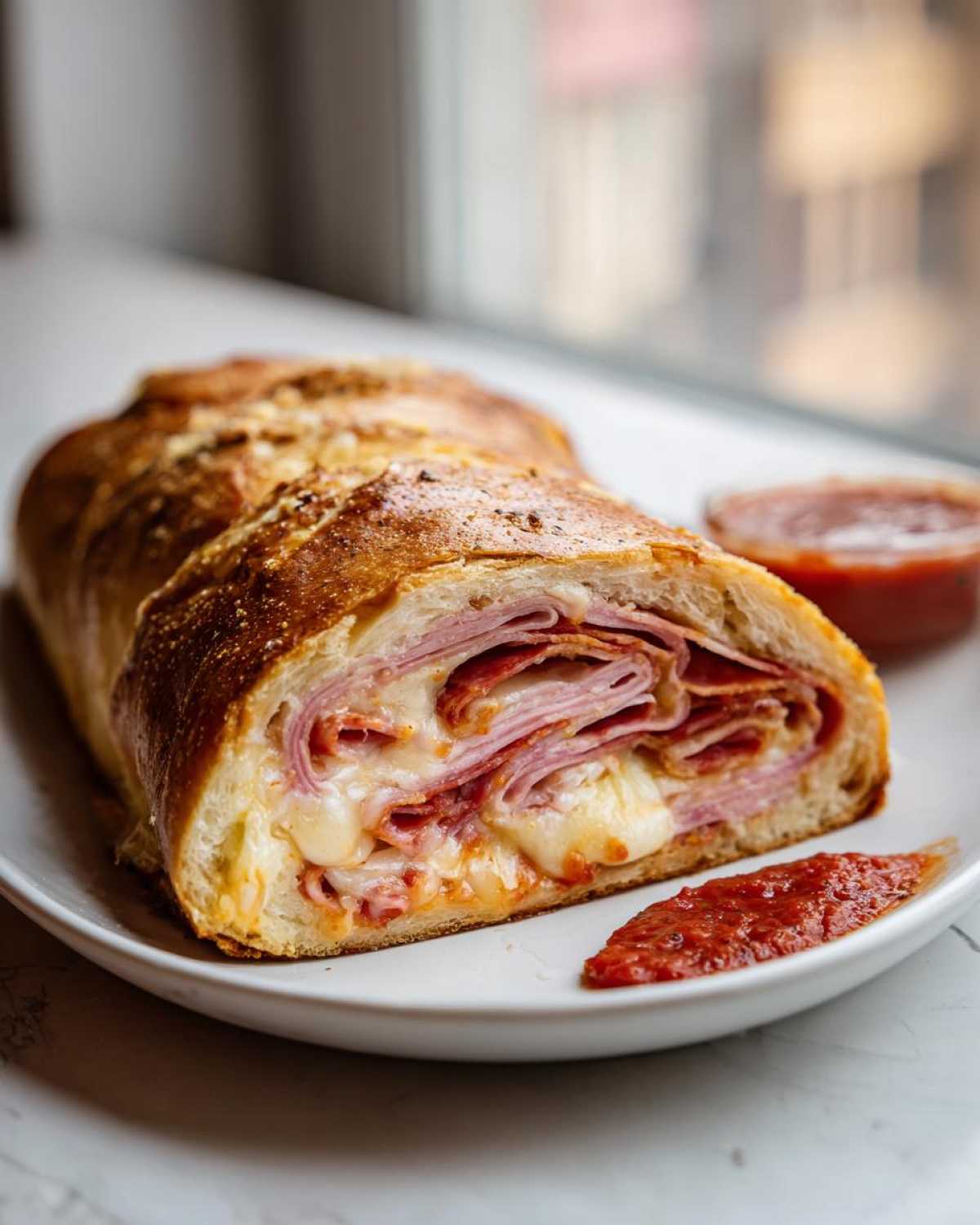 A cross-section view of a freshly baked Stromboli filled with layers of ham, pepperoni, and melted mozzarella cheese, served with marinara sauce.