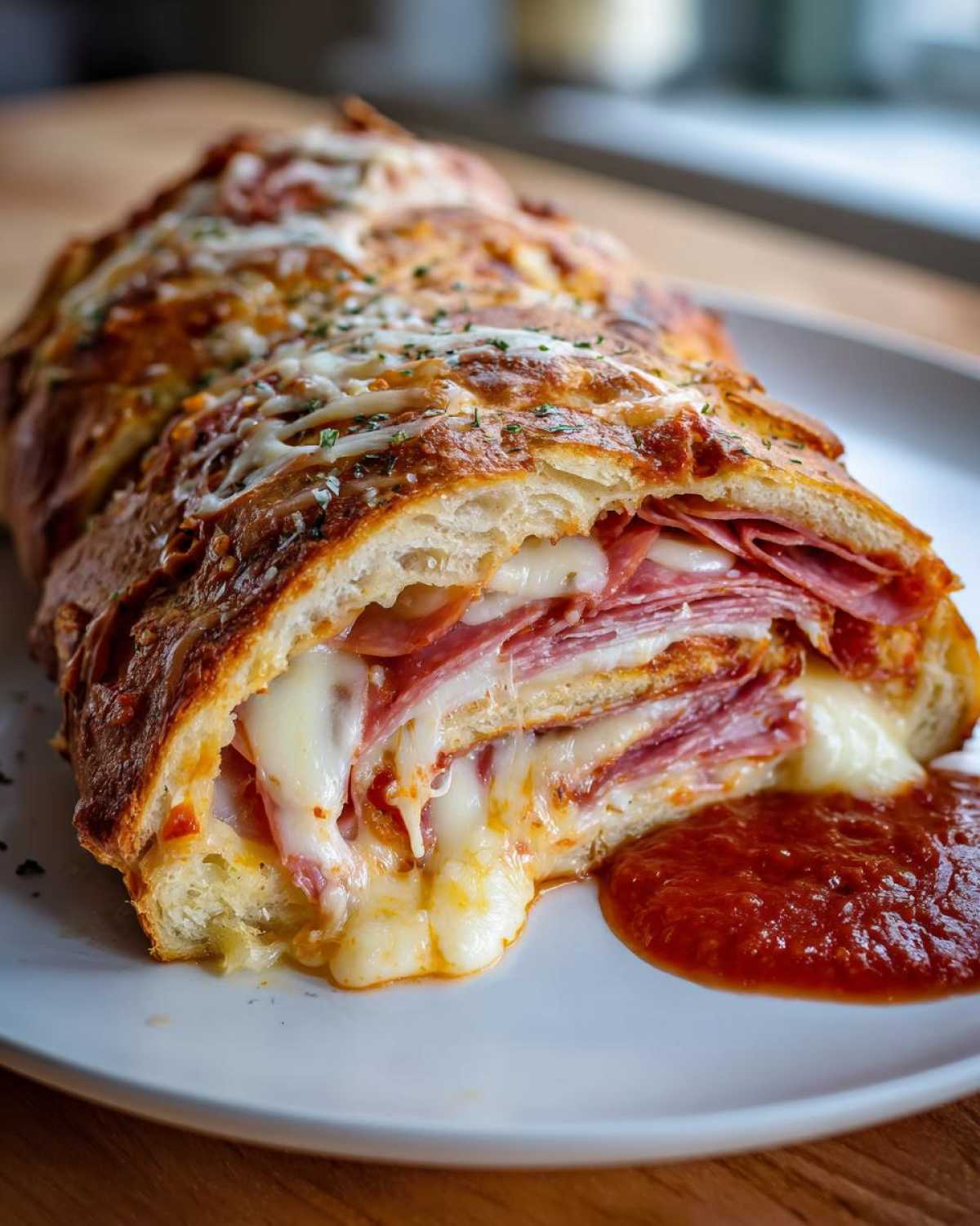 Cross-section of a baked Stromboli showing layers of melted cheese, cured meats, and a side of marinara sauce.