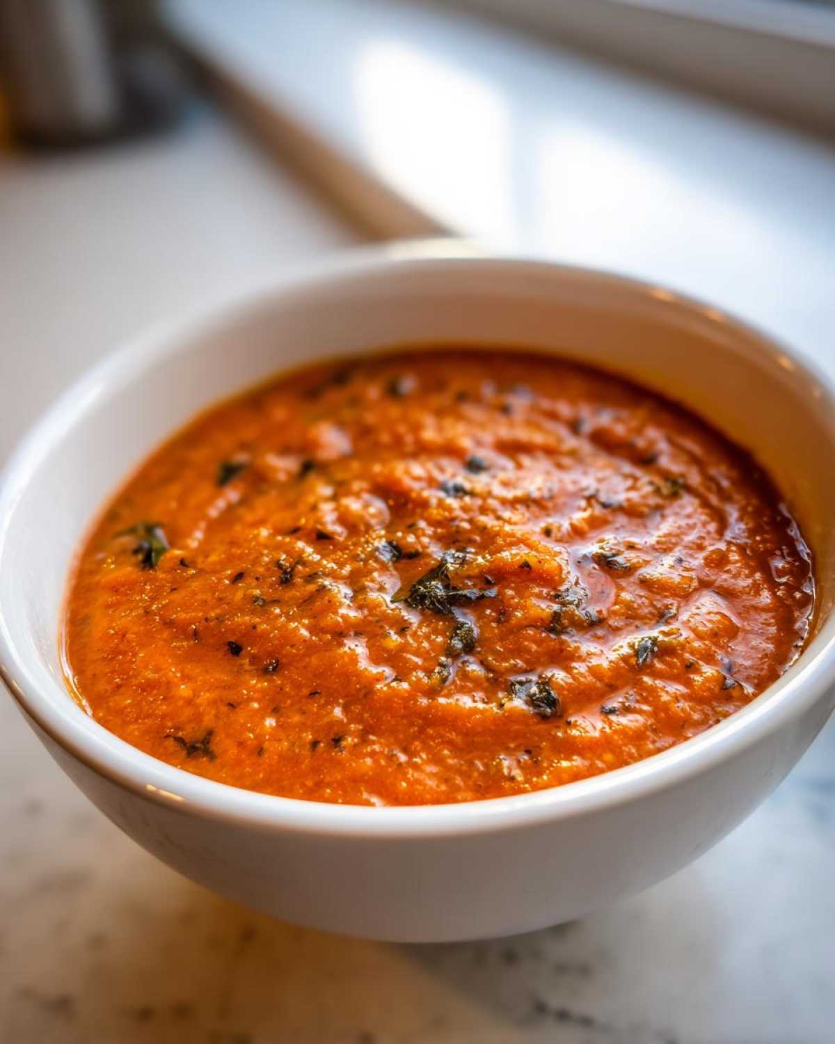 Close-up of a bowl of rich, vibrant orange tomato basil soup garnished with dark green herbs.